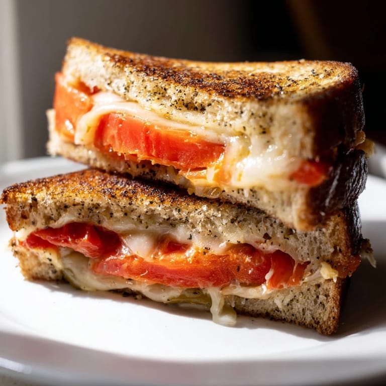 A delicious Pepper Jack & Tomato Grilled Cheese sandwich cut in half, highlighting the spicy melted pepper jack and juicy tomatoes.