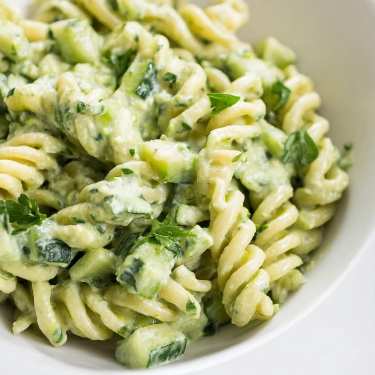 A bowl of Green Goddess Pasta Salad showcases fresh herbs, baby spinach, and tender pasta tossed in a bright, creamy green dressing.