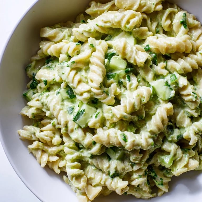 Ready in thirty minutes, this vegetarian Green Goddess Pasta Salad combines crunchy vegetables with a refreshing avocado-yogurt sauce, ideal for potlucks.