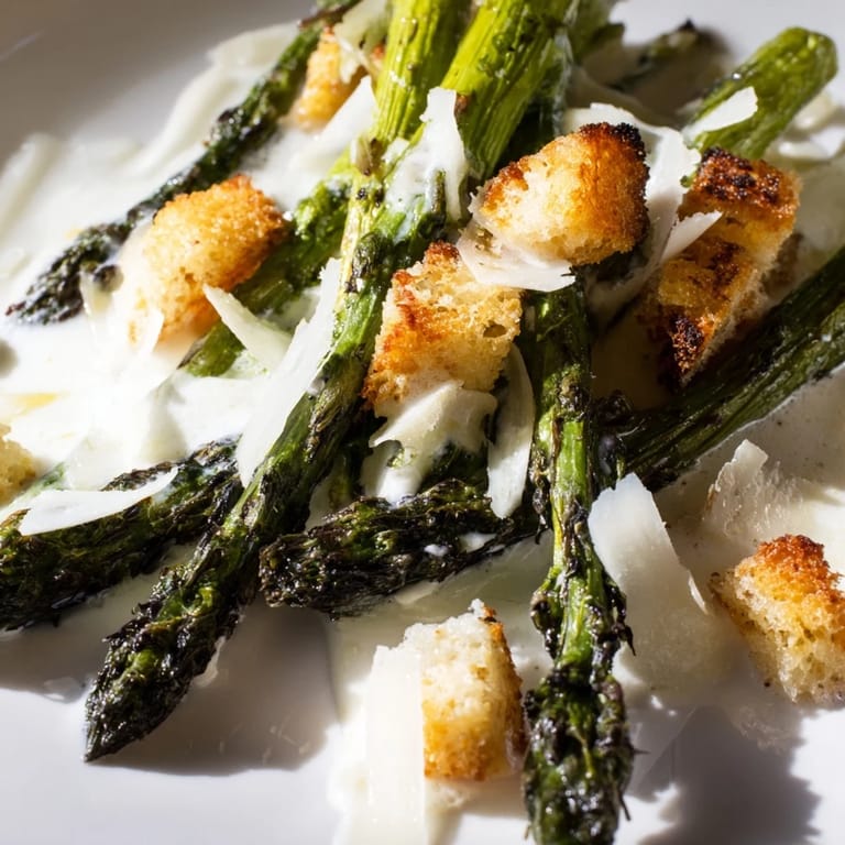 Golden-brown croutons and shaved Parmesan top this fresh Roasted asparagus Caesar salad, drizzled with creamy yogurt dressing.