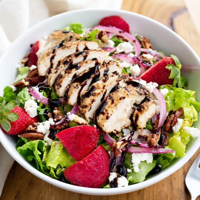 Freshly grilled chicken and sliced strawberries mingle with feta, pecans, and mixed greens, all dressed in a honeyed balsamic glaze in this easy, summery Strawberry Balsamic Chicken Salad.