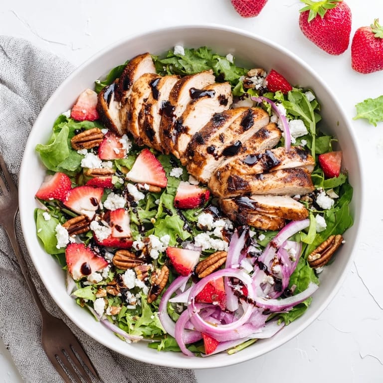 Bright red strawberries and creamy feta rest on crisp greens with tender grilled chicken, while thin red onion and shiny balsamic glaze finish this fresh Strawberry Balsamic Chicken Salad.