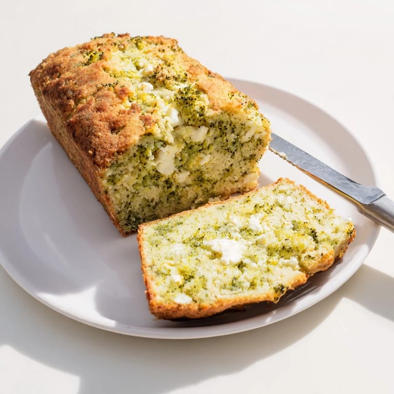 Golden-brown Broccoli and Feta Loaf fresh from the oven, revealing a fluffy crumb with bits of broccoli and tangy feta, ideal for toasting and serving with soup.