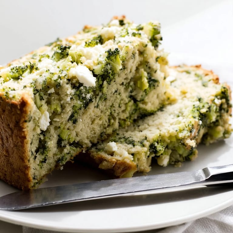 Close-up view of the savory Broccoli and Feta Loaf, highlighting its moist interior and speckled feta texture, ready to be enjoyed as a Mediterranean-inspired side.