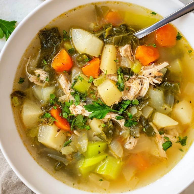 Hearty Collard Greens, Chicken and Vegetable Soup served in a rustic bowl, ready to enjoy on a cozy evening.