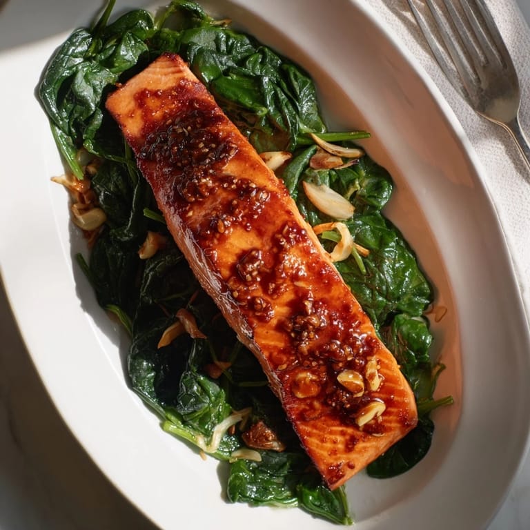 Golden miso salmon over garlicky sautéed spinach, a quick 30-minute meal perfect for busy weeknights.