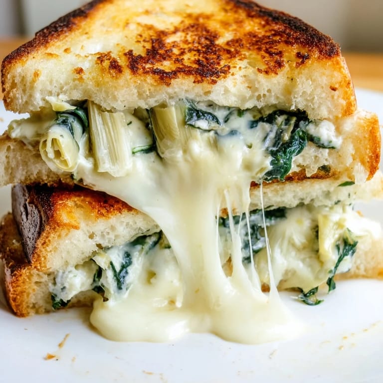 A close-up of a crispy, buttery Spinach Artichoke Grilled Cheese sandwich oozing with warm, cheesy filling, served with a bowl of tomato soup.  