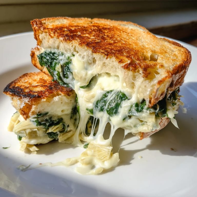 A golden-brown Spinach Artichoke Grilled Cheese, sliced to reveal the vibrant green spinach and tender artichoke hearts nestled in melted cheese.
