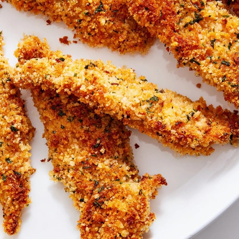 Golden brown Crispy Panko Chicken Strips pair with creamy ranch dip, highlighting a perfectly crunchy, guilt-free main dish.
