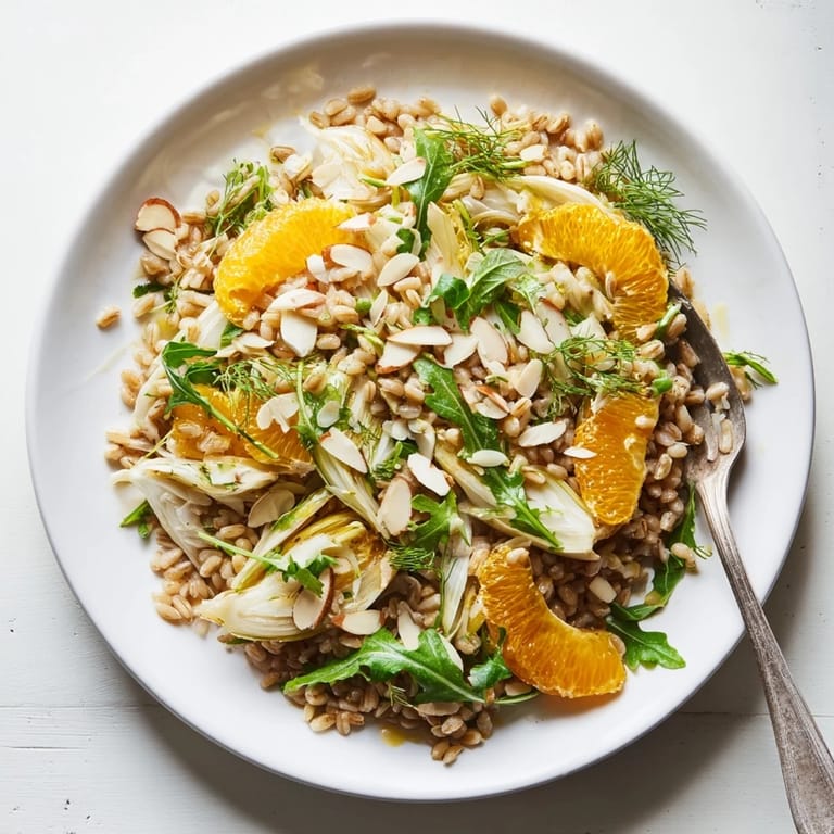 Serve Farro Salad With Fennel, Oranges, and Almonds over arugula with fennel fronds garnish, perfect for a vegetarian Mediterranean lunch.