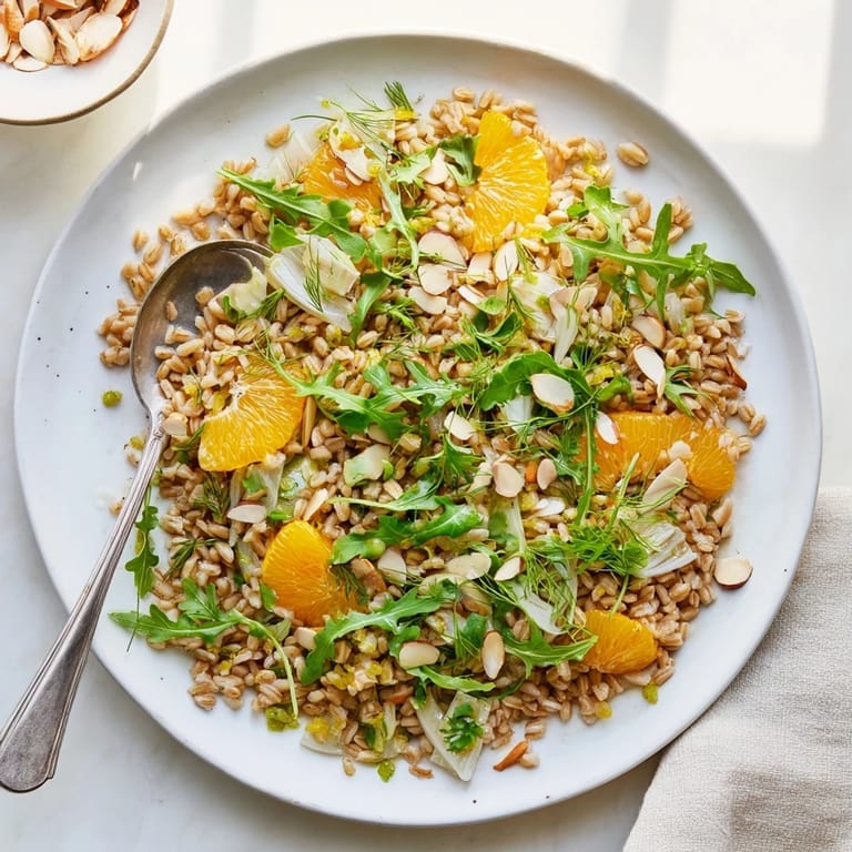 A fresh Farro Salad With Fennel, Oranges, and Almonds in a white bowl, topped with golden toasted almonds and bright orange segments.