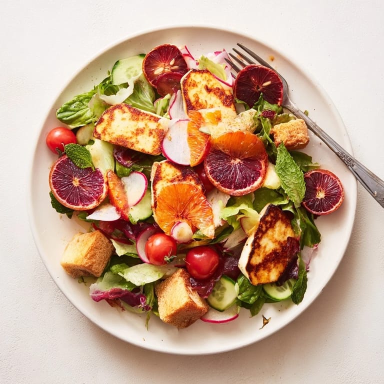 Fresh mint, parsley, and radishes add color and crunch to the Halloumi Blood Orange Fattoush salad, drizzled with a zesty sumac vinaigrette and served on a rustic plate.
