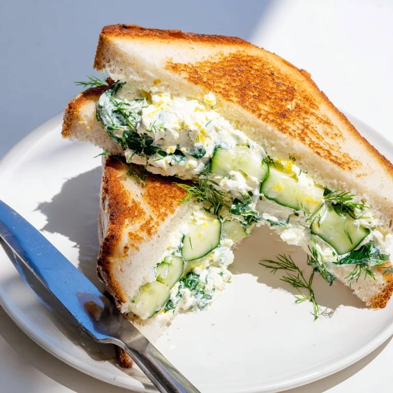 A vibrant Whipped Feta Spring Grilled Cheese sits beside fresh lemon wedges and dill, perfect for a light and tangy lunch.