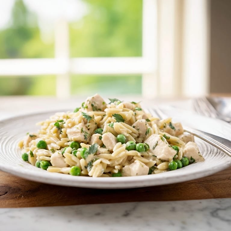 A close-up of Lemon Herb Chicken Orzo Skillet garnished with parsley and dill, served warm in the skillet.
