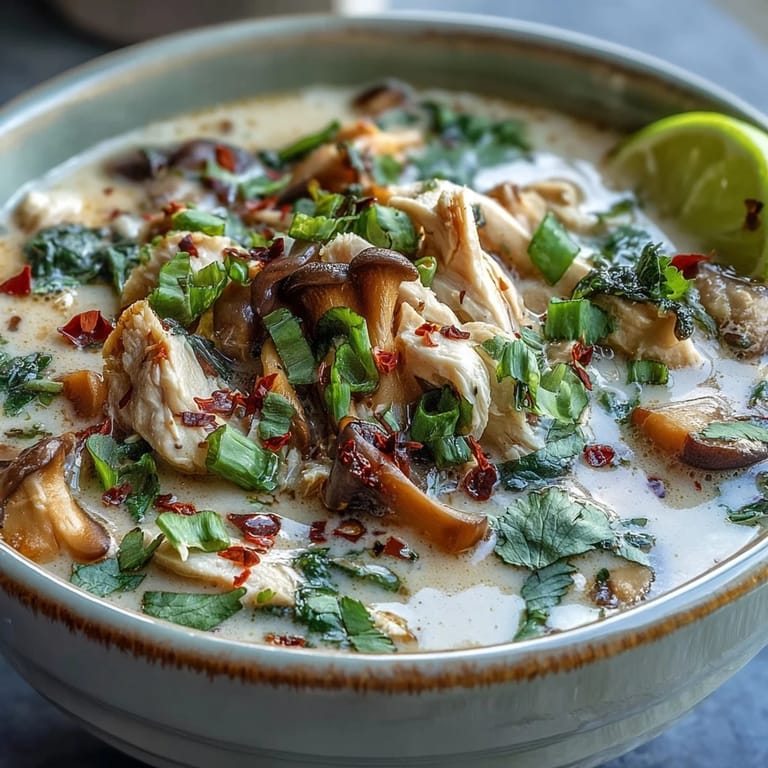 Aromatic Best Ever Tom Kha Gai Soup featuring creamy coconut milk, kaffir lime leaves, and fragrant lemongrass stalks.