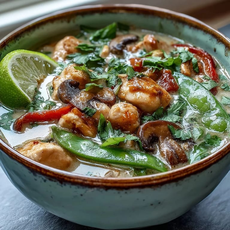 Garnished with fresh cilantro and lime wedges, this aromatic Thai soup looks inviting in a rustic ceramic bowl.