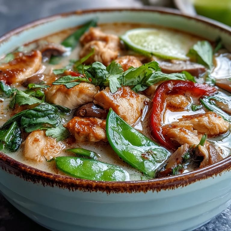 Served steaming hot, Thai Chicken Coconut Curry Soup pairs well with rice noodles and Thai basil for a complete meal.