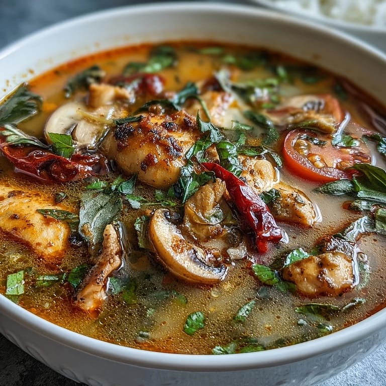 A vibrant serving of Tom Yum Chicken featuring tender chicken, mushrooms, and aromatic Thai herbs.