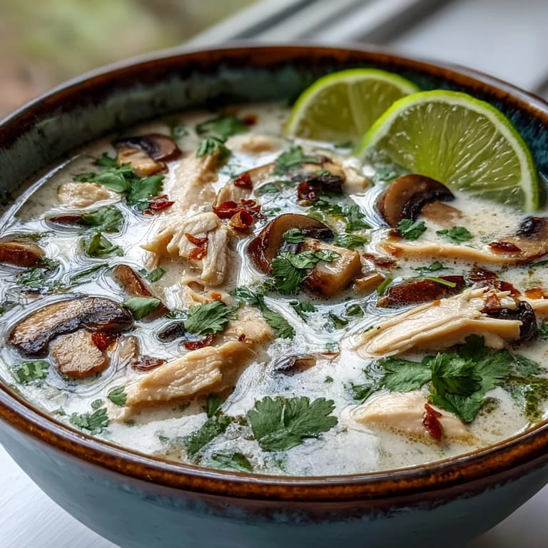 Close-up of steaming Tom Kha Soup, revealing sliced chicken, button mushrooms, and aromatics like lemongrass and galangal.