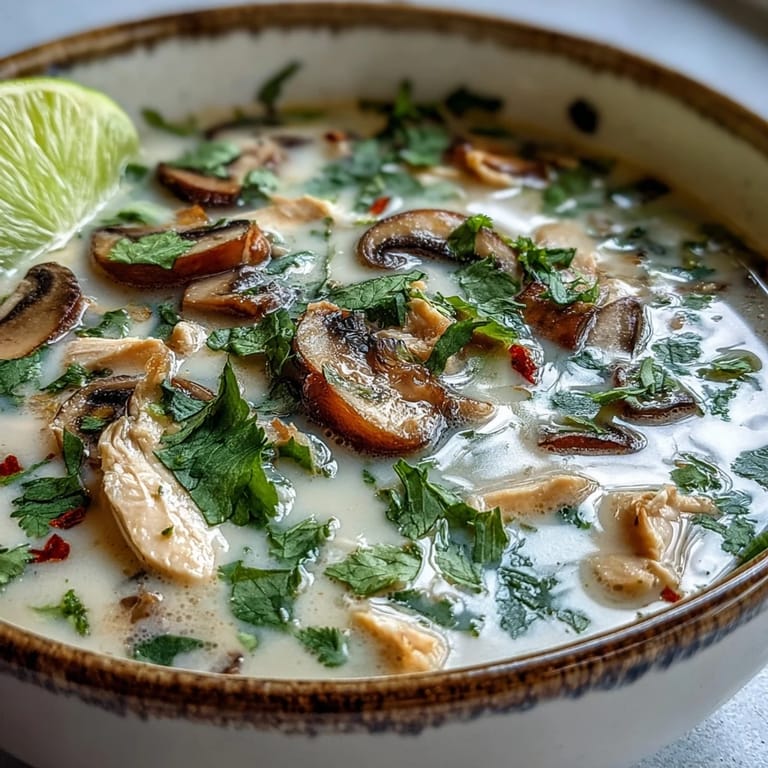 Spooning a ladle of rich Tom Kha Soup into a ceramic bowl, served with fresh lime wedges for brightness.