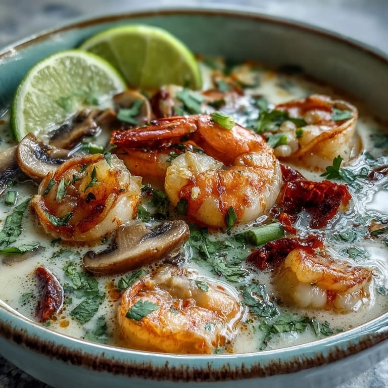 A close-up of Thai Coconut Shrimp Soup in a white bowl, garnished with cilantro, lime, and green onions.