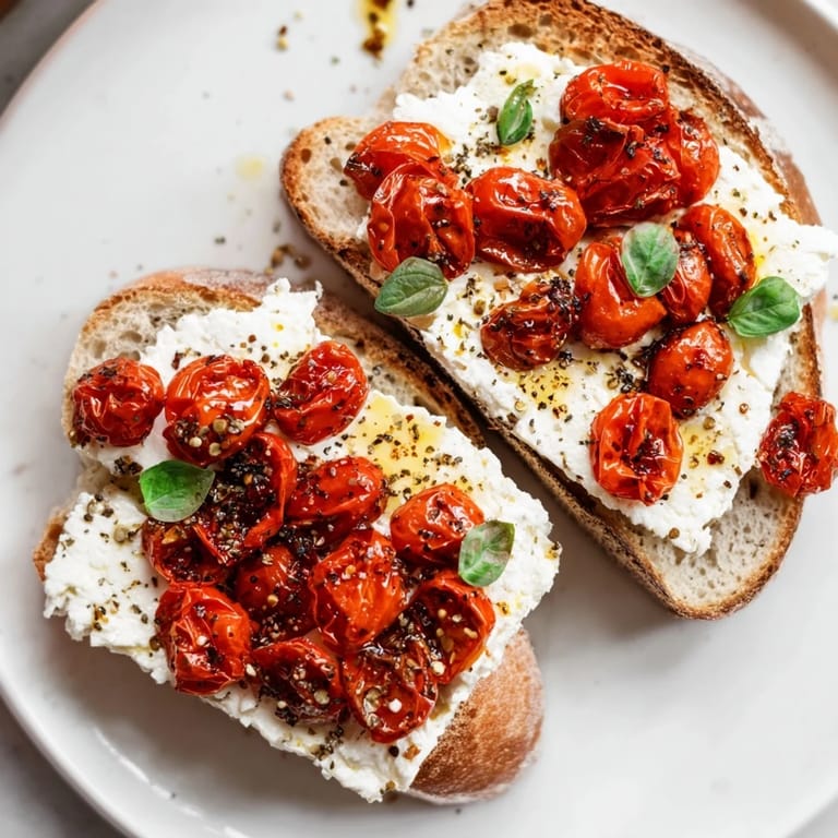 Slices of crusty sourdough Baked Feta Toast topped with soft cheese, tomatoes, and basil served warm on a tray.