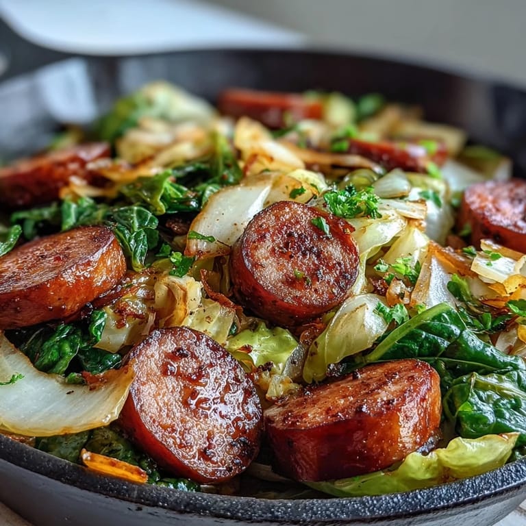 A close-up of Smothered Cabbage With Sausage Skillet served with crusty bread, highlighting savory juices and a steamy aroma.
