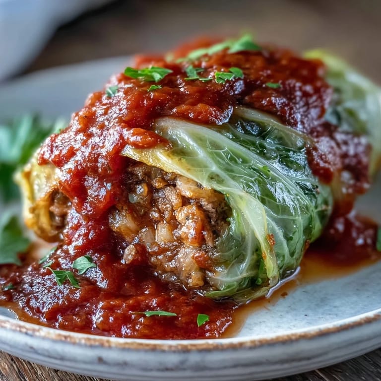 Golden-brown Cabbage Rolls are pulled from the oven, served hot and bubbling with fresh parsley garnish.