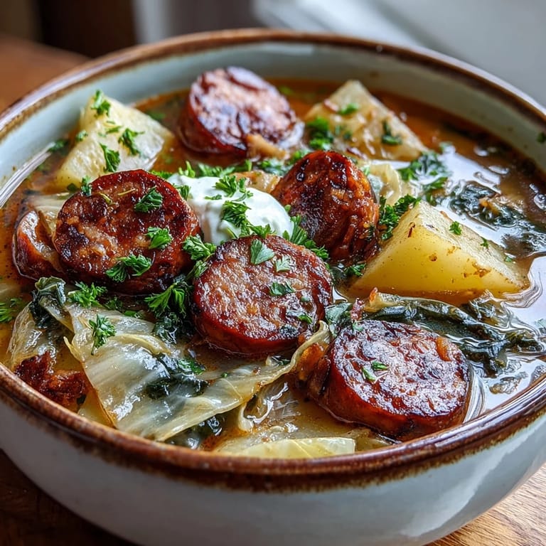 Comforting Sausage, Potato and Cabbage Soup served with sour cream and crusty bread.