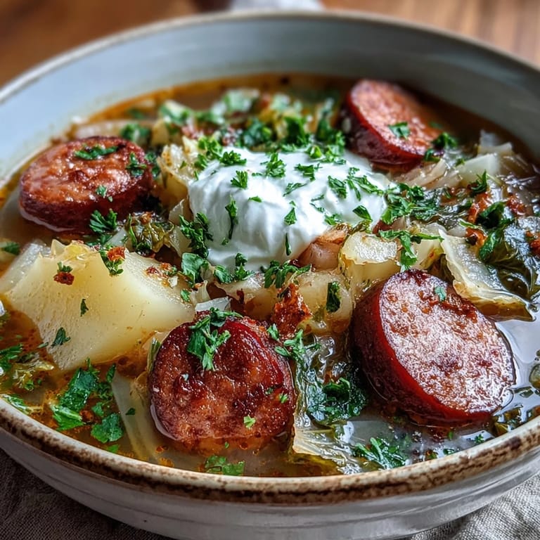 Sliced smoked sausage rounds, diced potatoes and tender green cabbage in a rich broth.