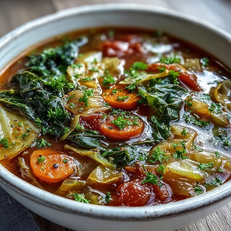 Classic Cabbage Soup in a rustic white bowl garnished with fresh parsley, served alongside a slice of rye bread.