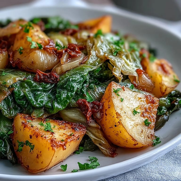 Hearty Braised Cabbage With Potatoes and Chili with soft Yukon Gold potatoes, buttery cabbage, and warm chili, served steaming in a bowl.