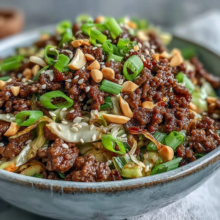 A close-up of Chinese Ground Beef and Cabbage Stir-Fry featuring saucy beef and crisp, tender cabbage.