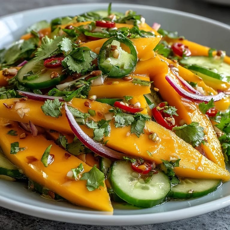 Plated on a white dish, the Refreshing Mango Salad highlights sweet mango, crunchy veggies, and a glossy citrus dressing.