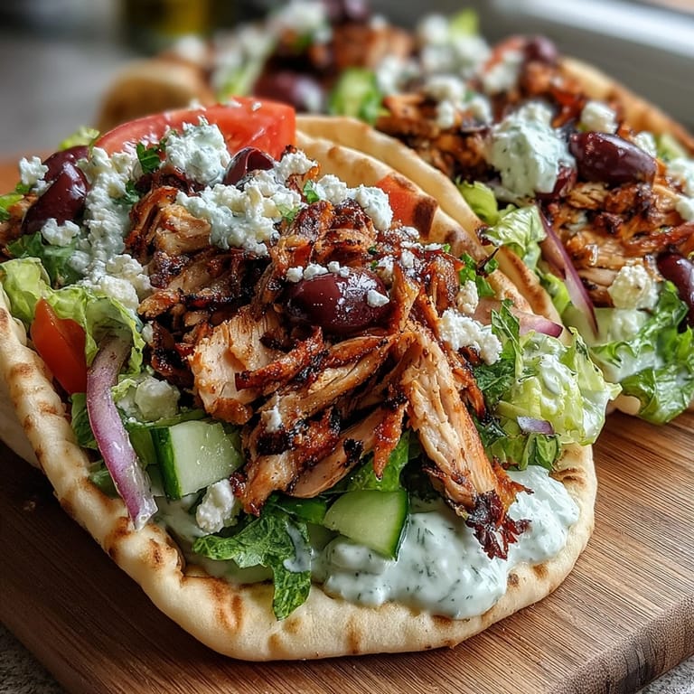 Golden brown Mediterranean Chicken Gyros with Creamy Feta Tzatziki stacked on a platter, garnished with fresh dill and served with lemon wedges for squeezing.