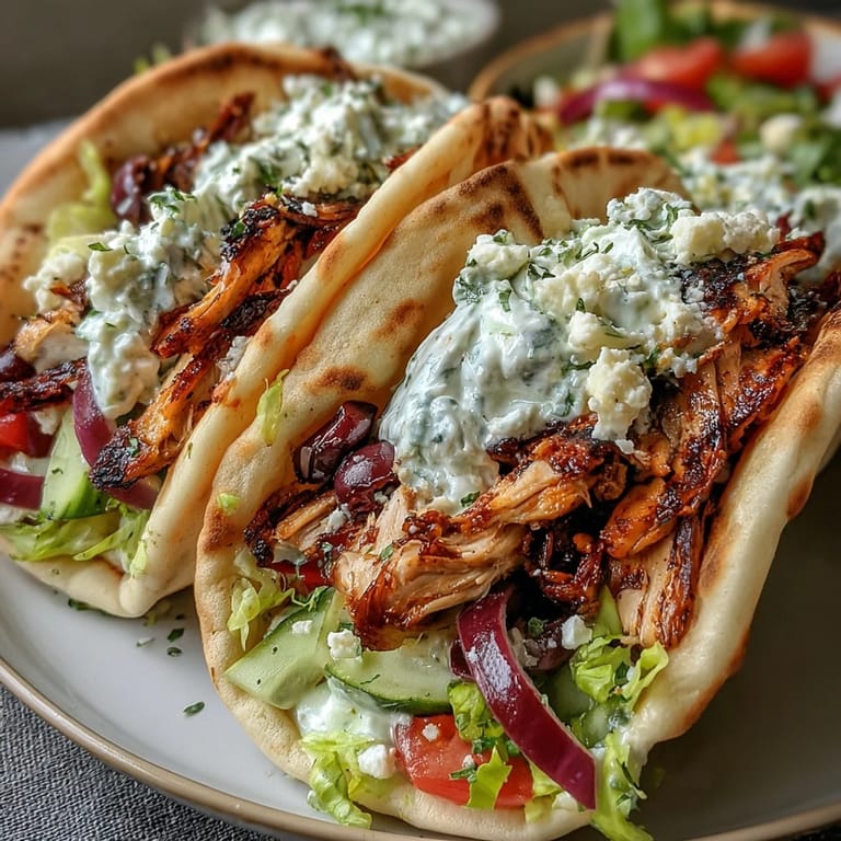 Mediterranean Chicken Gyros with Creamy Feta Tzatziki served open-faced to show the creamy white sauce, vibrant red tomatoes, and purple red onion slices.