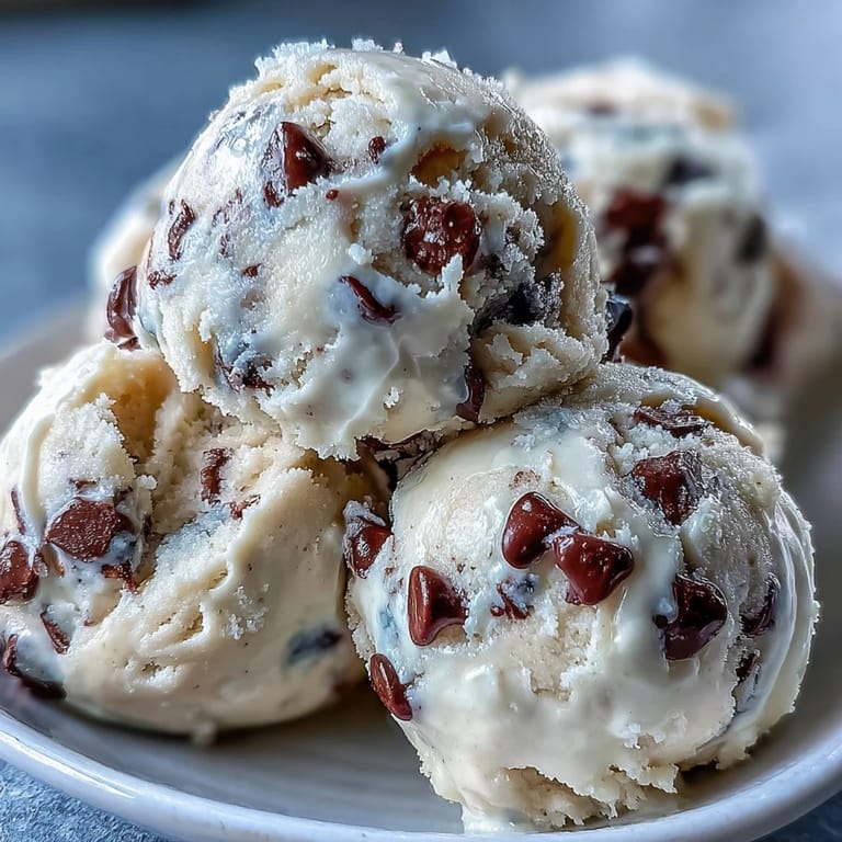 A bowl of Greek Yogurt Cookie Dough topped with mini chocolate chips and a rustic spoon.