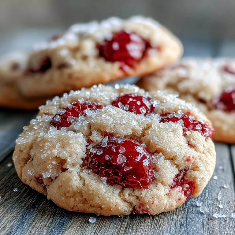 A close-up of Soft Chewy Raspberry Sugar Cookies shows jammy raspberry bits and golden edges on a rustic wooden board.