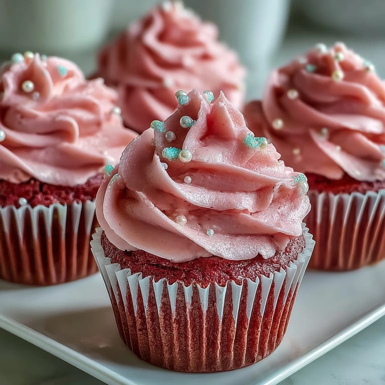 A close-up of a Pink Velvet Cupcake showing tender crumb and a swirl of sweet vanilla buttercream frosting.