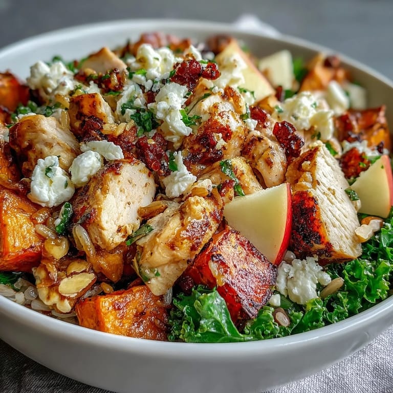 Healthy Harvest Bowl with sliced chicken, sweet potatoes, kale, apples, and crumbled goat cheese ready to serve.