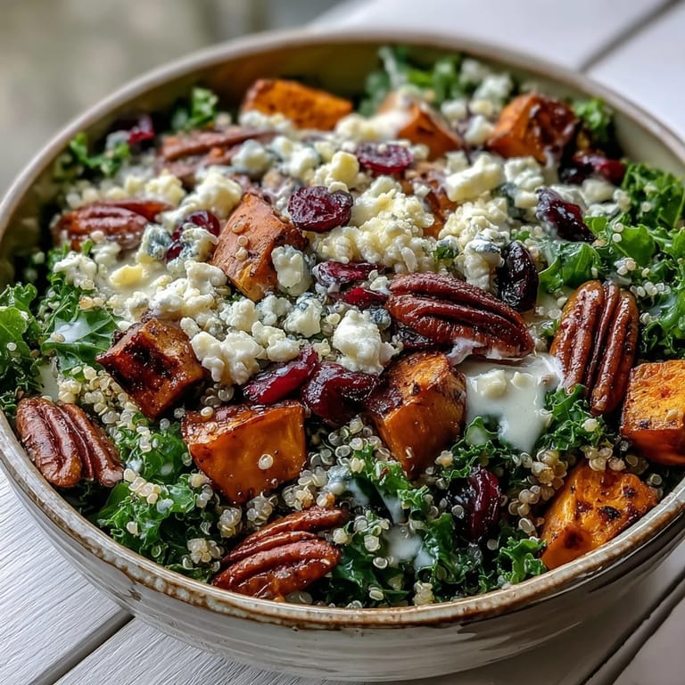 A hearty vegetarian Harvest Kale Quinoa Bowl topped with crunchy pecans, sweet cranberries, and tangy blue cheese for a nutritious autumn meal.