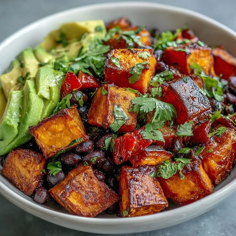 A close-up of the Sweet Potato and Black Bean Bowl featuring creamy avocado, juicy tomatoes, and chopped cilantro on mixed greens.