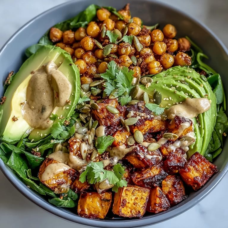 Vibrant Roasted Sweet Potato and Chickpea Bowl with garlicky spinach and crispy chickpeas ready to serve.