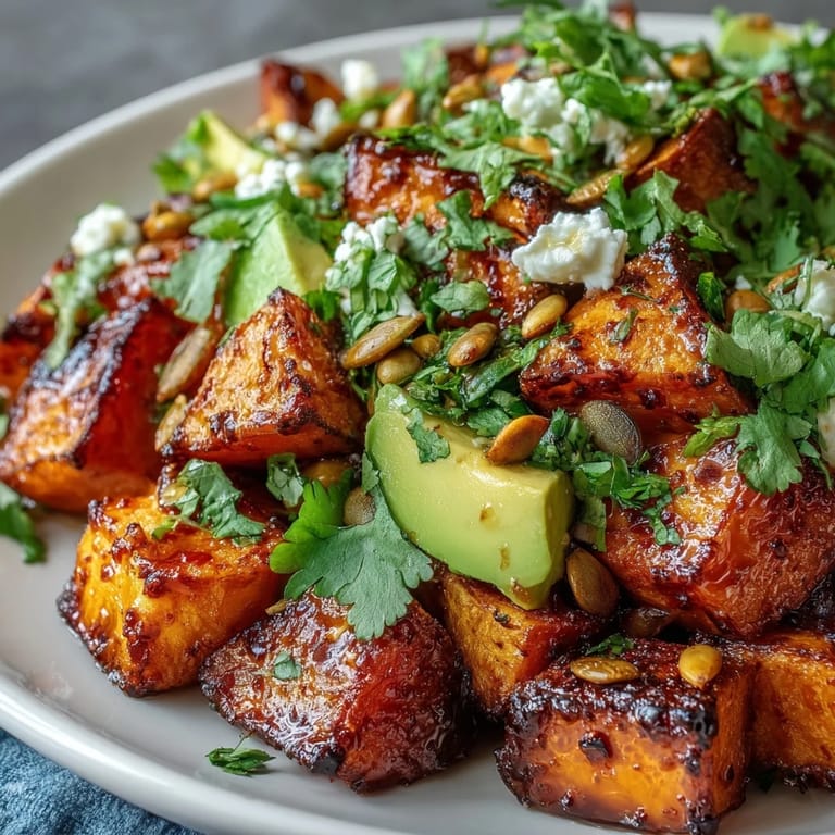 Golden roasted sweet potato cubes with crispy edges, creamy avocado slices, and a drizzle of hot honey, served in a bowl with cottage cheese.