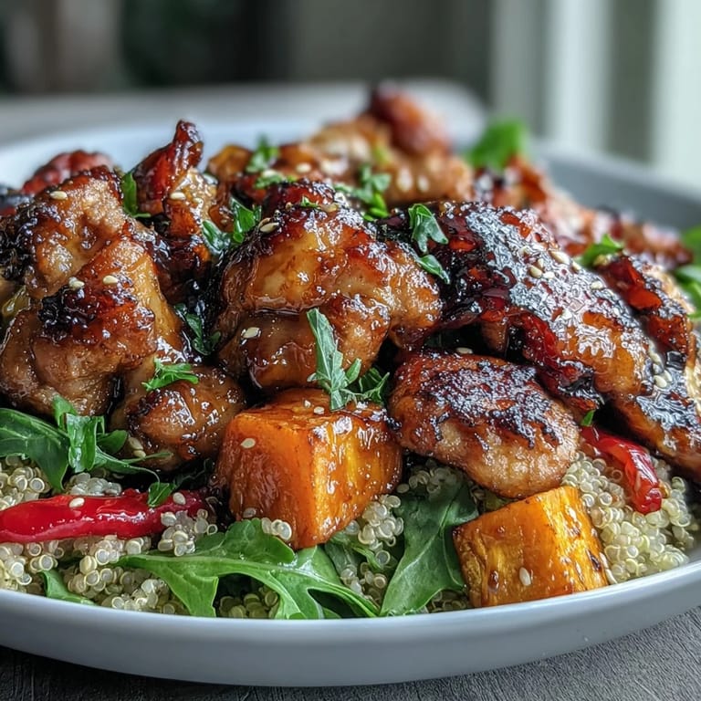 Hot Honey Chicken Bowl close-up, showing glazed chicken, golden roasted sweet potato cubes, and a vibrant purple cabbage slaw drizzled with dressing.