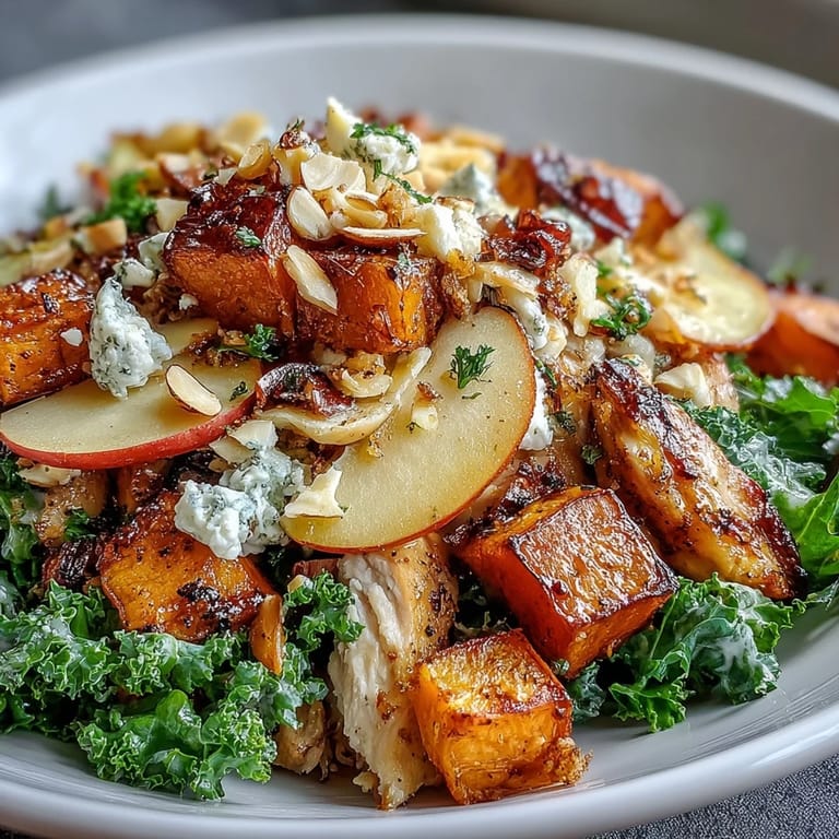 A close-up of Fall Sweet Potato Harvest Bowl featuring sliced chicken, diced sweet potatoes, and fresh apple slices.