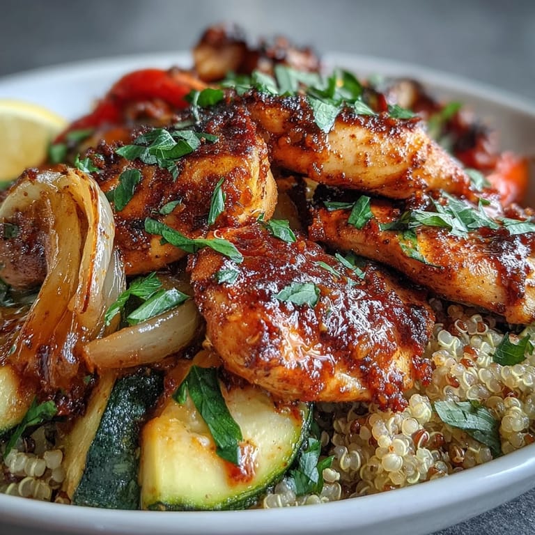 A close-up of the Paprika Herb Chicken Roasted Vegetable Quinoa Bowl, highlighting herbs, harissa, and perfectly cooked grains.