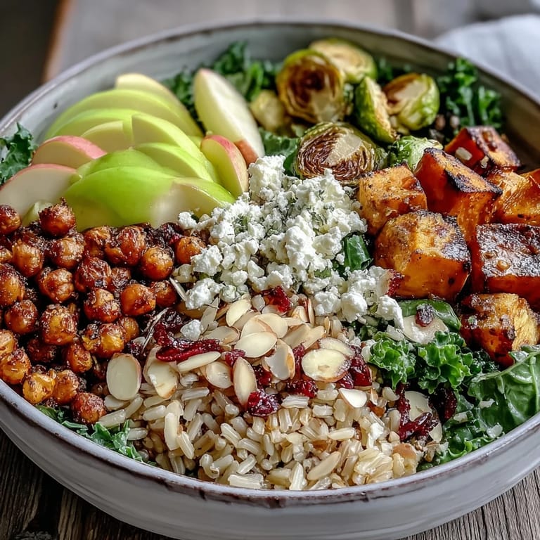 Colorful Fall Harvest Bowl with crispy Brussels sprouts, roasted chickpeas, fresh apple, and celery on a rustic wooden table.