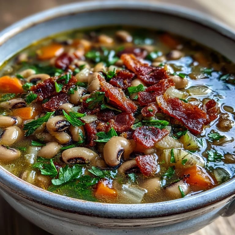 A hearty bowl of Black-Eyed Peas and Bacon Soup served alongside warm cornbread for a Southern meal.