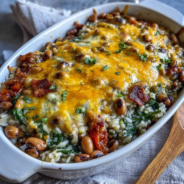 Hearty Tex Mex Black Eyed Pea Casserole with crispy bacon and rice, garnished with fresh cilantro on a rustic wooden table.